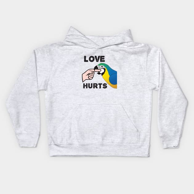Love Hurts - Blue and Gold Macaw Parrot Kids Hoodie by Einstein Parrot